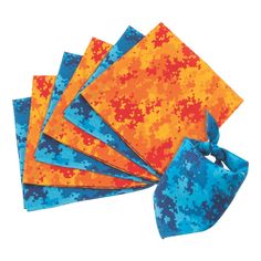 six pieces of blue, orange and yellow paper