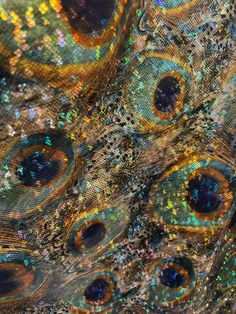 an image of peacock feathers that are multicolored and sequins on fabric