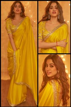 Jahnvi Kapoor Yellow Saree, Haldi Bridal Outfit Saree, Simple Saree Look Indian Weddings, Janhvi Kapoor Yellow Saree, Jhanvi Kapoor Yellow Saree, Jaanvi Kapoor In Saree, Sarees For Diwali, Simple Sarees For Wedding, Haldi Sarees For Bride