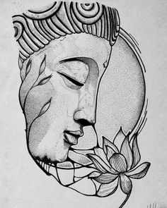 a black and white drawing of a buddha face with a flower in it's mouth