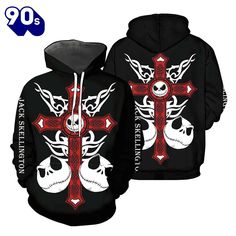 a black hoodie with skulls and crosses on it