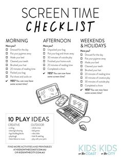 the screen time checklist for kids is shown in this black and white poster with text