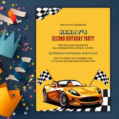 a yellow sports car birthday party card with confetti and streamers around it