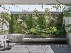 an outdoor space with plants and chairs on the floor, along with a wall covered in greenery