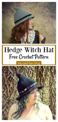 a woman wearing a hat with the words hedge witch hat free crochet pattern