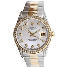 Rolex 34mm Date 2 Tone White MOP Mother of Pearl Dial with Diamond Accent Bezel+ lugs 15053 Rolex Two Tone, Rolex Diamond, Bezel Watch, Rolex Women, Rolex Date, Diamond Face, Oyster Pearl, Rolex Oyster Perpetual, Bag Collection