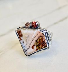 Echo Of The Dreamer Ring With Pottery Shard And Gemstones | eBay Art Jewelry Ring, Handcrafted Artisan Jewelry, Ring Pictures, Pink Tourmaline, Floral Motif, Artisan Jewelry, Garnet, Metal Working, The Dreamers