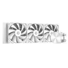 the cooler is white and has four fans on each side, including one fan for cooling