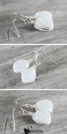 These earrings feature beautiful white druzy quartz teardrop beads that have been wire wrapped in sterling silver wire and hang from sterling french hook ear wires. Handmade artisan style earrings perfect as a wedding, birthday, graduation or mothers day gift.  #starlettadesigns #gemstone #druzy #bohofashion #handmadejewelry #whiteearrings #earrings #whitegemstone #giftideas #mothersday #graduation Teardrop Silver Earrings, Simple Silver Jewelry, Druzy Jewelry, Bridal Jewelry Collection, Bridal Fashion Jewelry, Silver Jewelry Design, Druzy Quartz, Knot Earrings