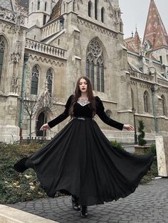 "★★ FEATURES * Chiffon skirt * Chiffon liner * Elastic waistband * High waist skirt * A Line skirt * Ankle length skirt * Perfect for Spring, Summer, Autumn * Wash by hand or machine with cold water ★★ The model is 170 cm (5′ 7″) tall with a 80 cm (31.5\") bust, 66 cm (26\") waist. She is wearing the black skirt in size XS. ★★ Bespoke Order Service If you Request other color Request the length Your height is not between 155 cm- 172 cm Your weight is over 75 kg I can do it for you, It will need s Gothic Winter Skirt For Party, Elegant Halloween Party Skirt, Flowy Black Skirt, Long Flared Skirt, Goth Skirt, Long Chiffon Skirt, Skirt Chiffon, Skirt A Line, Chiffon Maxi Skirt