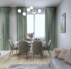 a dining room with green curtains and chairs