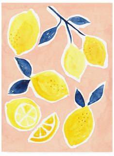 a painting of lemons and leaves on a pink background