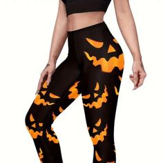 Spooky Halloween Leggings - Pumpkins High-Waisted, Elastic, Seamless, And Soft Tights For Yoga, Fitness, And Everyday Wear - Comfortable Stretchy Long Moisture-Wicking Yoga Pants For Women Of All Shapes And Sizes 88% Polyester 12% Spandex 2-3 Day Priority Mail Shipping Usps High Waist Black Halloween Bottoms, High Waist Black Bottoms For Halloween, High Waist Black Pants For Halloween, Fitted Casual Pants For Halloween, Stretch Bottoms For Halloween Party, High Waist Bottoms For Halloween Costume Party, Casual Stretch Bottoms For Halloween, Black Halloween Cosplay Pants, Black Pants For Cosplay Halloween