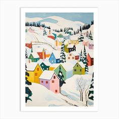 a painting of colorful houses in the snow