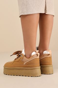 Elevate your too-cool street style (literally) with the Eilika Chestnut Suede Lace-Up Flatform Sneakers! Smooth faux suede and sleek woven fabric come together to shape these trend-setting kicks with a rounded toe and a chunky, brown lace-up vamp with a padded, faux fur-lined tongue. The low-cut collar boasts a padded pull tab that peeks out at the back, all atop an eye-catching flatform sole. 1. 75" flatform heel. Lightly cushioned insole. Rubber sole has nonskid markings. Man Made Materials. I Sneaker Trend, Flatform Sneakers, Trending Sneakers, Suede Lace, Pull Tab, Low Cut, Chestnut, Faux Suede, Woven Fabric