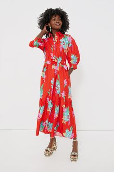 Red Algeria Bianca Cotton Dress | Borgo de Nor Borgo De Nor, Guest Dress, Tiered Skirt, Cinched Waist, Heeled Sandals, Tie Belt, Dress Codes, Cotton Dress, Button Placket