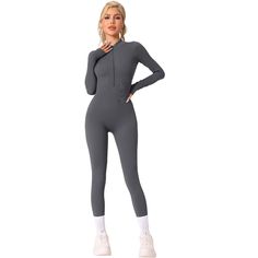 Elevate your workout wardrobe with this bodysuit, designed to enhance your fitness with style and comfort. This one-piece full suit features a stand collar design that not only adds a fashionable touch but also provides additional neck coverage for cooler workout sessions. Crafted from good material, this catsuit ensures optimal flexibility and breathability during various fitness activity such as yoga, gym workouts, running, or dance classes. Sportswear Long Sleeve Jumpsuits And Rompers For Sports, Long Sleeve Unitard For Gym, Long Sleeve Sports Bodysuit With Thumbholes, Sports Long Sleeve Bodysuit With Thumbholes, High Stretch Long Sleeve Unitard For Training, Long Sleeve High Stretch Unitard For Training, Long Sleeve Workout Bodysuit With Thumbholes, Compression Long Sleeve Bodysuit For Workout, Sporty Long Sleeve Compression Bodysuit