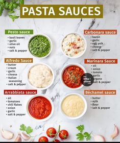 the ingredients to make pasta sauces in small bowls on a marble countertop with text overlay