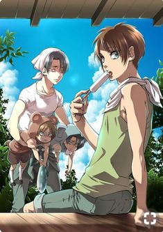 two anime characters sitting on the ground with one holding a toothbrush in his hand