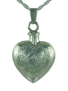 "This beautiful etched design heart is a unique way to hold a loved one close. This pendant can hold a small amount of cremains, lock of hair, or dirt from the sacred burial grounds. This piece comes on an 18\" matching chain. 1 INCH GOOD TO KNOW: ♥ Available in Sterling Silver and 14K Plated Gold ♥THIS PENDANT CAN BE ENGRAVED-SEE PERSONALIZATION SECTION ♥Fill kit included with pendant PACKAGING: ♥The pendant comes in a small jewelry box that can easily be used for gifting ♥We can also ship dire Engraved Double Heart Necklace For Memorial, Memorial Double Heart Engraved Necklace, Engraved Jewelry For Valentine's Day Keepsake, Engraved Heart Necklace For Valentine's Day Memorial, Etched Heart Necklace For Keepsake, Engraved Heart Pendant Jewelry For Keepsake, Engraved Heart Pendant Jewelry Keepsake, Heart-shaped Etched Necklace For Keepsake, Heart Pendant Jewelry With Engraving For Keepsake