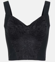 Lace-trimmed jacquard bustier in black - Dolce Gabbana | Mytheresa Bustier Top Outfits Classy, Bustier Top Outfits, Black Bustier Top, Black 80s, Silk Bodysuit, Lace Bustier Top, Cut Blazer, Top Bustier, Black Bustier