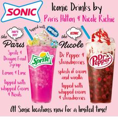 two drinks with different toppings are shown in this ad for sonic drink company, which is