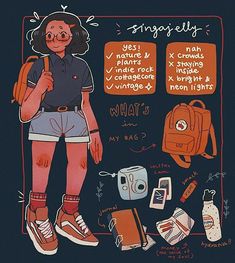 an illustrated drawing of a girl with backpacks and other items around her, including shoes