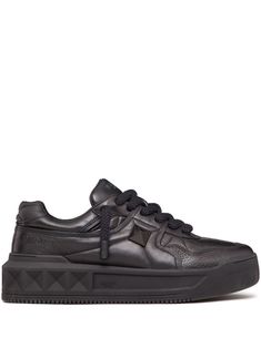 black nappa leather signature Roman Stud detailing logo-print tongue perforated toebox round toe front lace-up fastening flatform sole Playing Basketball, Running Trainers, Sandals Slippers, Shoes High, Running Sports, Latest Sneakers, Heels Sandals, Product Pictures, Sports Shoes