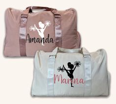 "personalized Cheerleader Duffle bags, Gift for Cheerleader's  *DIMENSIONS LENGTH: 18.89\" (48CM)  DEPTH: 9.4\" (24CM) HEIGHT 13\" (33CM) This Beautiful Duffel Bag is perfect for Bachelorette trips, to go to the gym, or just for vacations. * Velvet Lining *Durable Straps *Fully Lined with small zipper Pocket inside *Large capacity *Removable shoulder strap included *Interior Shoe Compartment. *Gold Hardware *Hand Made in USA. Perfect for bridesmaid Proposal, we can personalized with names or til Customizable Sporty School Bags, Sporty Customizable School Bags, Personalized Sporty School Bag, Sporty Personalized School Bag, Customizable White Bags For Sports Events, Customizable School Spirit Bag For Everyday, Customizable School Spirit Bags For Everyday Use, Customizable School Spirit Bags, Cheerleading Gifts