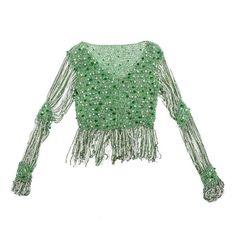 Loris Azzaro Azzaro Top Crochet Pearls Blouse, Green Pearls Blouse, Loris Azzaro, Vegas Outfit, Crochet Fringe, Slim Aarons, Fancy Tops, Silver Top, Crochet Clothing, Green Pearls