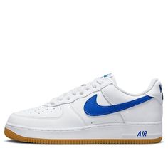 The Nike Air Force 1 Low 'Color of the Month White Royal Blue' is a stylish and timeless sneaker. It features a white leather base with a blue contrast brand logo, a white midsole topped with a gum rubber outsole, and a special toothbrush. Perfect for everyday wear, this sneaker is inspired by the classic Air Force 1 series and is sure to make a statement. The 'Color of the Month White Royal Blue' is the perfect combination of style and comfort, making it the perfect choice for any occasion. (AF1/SNKR/Skate/Unisex/Low Top/Non-Slip/Wear-resistant) Nike Sneakers With Logo And Round Toe, Blue Sporty Sneakers With Logo, Blue Leather Sneakers With Logo, Blue Lace-up Sneakers With Logo, Blue Logo Sneakers For Streetwear, Blue Sports Sneakers With Logo, Nike Air Force 1 Classic Leather With Gum Sole, Blue Classic Synthetic Sneakers, Classic Blue Synthetic Sneakers