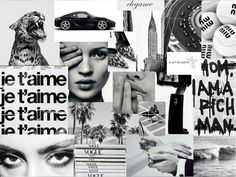 collage of black and white images with words written in different languages, including woman's face