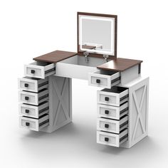 a computer desk with drawers and a mirror on the top, in front of a white background