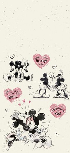 mickey and minnie mouses with hearts in the background