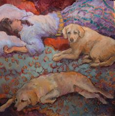 a painting of two dogs laying on a bed with a woman sleeping in the background