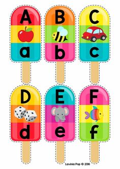 pops with letters and pictures on them to spell the letter abc, d, f