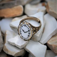 Vintage Clock Face Cameo Adjustable Ring on Silver or Brass Setting | Ragtrader Vintage Capsules Wardrobe, Clock Ring, German Clock, Chunky Silver Jewellery, Ouji Fashion, Yashiro Nene, Face Necklace, Fall 24, Ring Watch