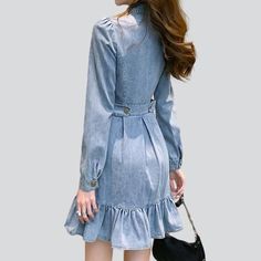 Be the queen of chic this summer with our 90's-style mini denim dress with ruffles! This light wash denim dress with buttons closure is the perfect statement piece to add to your wardrobe. It's stylish. sassy and ready to take on the summer heat!Distinctive Features: 90s Style: Take a trip down memory lane with this classic 90s silhouette. The frills and buttons closure give the dress an extra touch of style. Light Wash: The light wash denim is perfect for the summer season and will look great w Mini Denim Dress, Dress With Buttons, Womens Denim Dress, Dress With Ruffles, 90s Style, Summer Heat, Light Wash Denim, New Wardrobe, Memory Lane