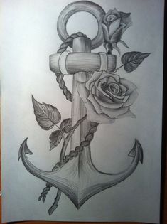 a drawing of an anchor with roses on it