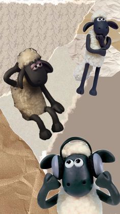 three cartoon sheep standing next to each other in front of a torn up paper background