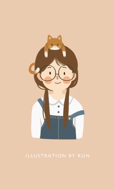 a girl with glasses and a cat on her head is featured in this illustration by kun