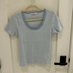 Brand New Perfect Condition- Never Worn Scoop Neck Mango Size L Everyday Blue Ribbed Tops, Blue Ribbed Scoop Neck Top, Trendy Blue Ribbed T-shirt, Basic Blue Ribbed T-shirt, Ribbed Scoop Neck Top For Day Out, Casual Blue Ribbed T-shirt, Spring Blue Ribbed T-shirt, Blue Ribbed T-shirt For Spring, Light Blue Ribbed Summer Top