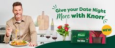 a man holding a plate of food in front of a sign that says, give your date night more with knorr