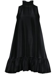 black silk satin finish trapeze silhouette ruffle collar rear hook and eye fastening sleeveless two side inset pockets ruffle hem silk lining Frilled Collar, Trapeze Silhouette, Beautiful Wardrobe, Silhouette Dress, Silk Satin Dress, City Dress, Flounced Dress, Airport Fashion, Silk Midi Dress