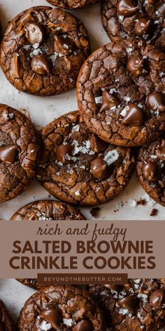 salted brownie crinkle cookies with chocolate chips and sea salt on top