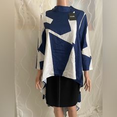 Elegante Stylewe Long Sleeve Blouse Size M Polyester Fibre Color Dark Blue And White Navy Tops For Office In Spring, Navy Tops For Office Spring Season, Cape Blouse, Y2k Belt, Turtleneck Poncho, High Neck Blouse, Blue And White Style, Keyhole Neckline, Color Block Top