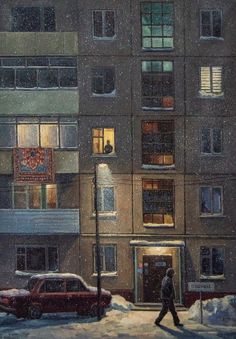 a painting of a man walking down the street in front of an apartment building at night