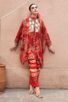 Red shirt tunic with all over Moroccan floral prints, elevated with sequin coin placket. Paired with a stripe print pant. - Aza Fashions Crepe Stand, Tunic With Pants, Floral Stand, Stand Collar Shirt, Print Pant, Pant For Women, Tunic Pattern, Floral Print Shirt, Red Shirt