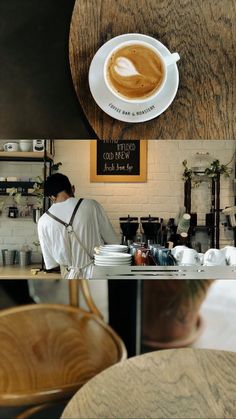 there is a coffee shop with a man working behind the counter