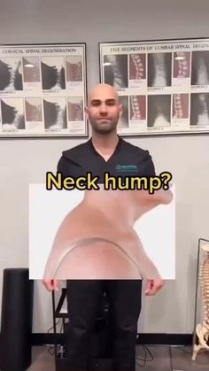 a man standing in front of a poster with the caption neck hump?